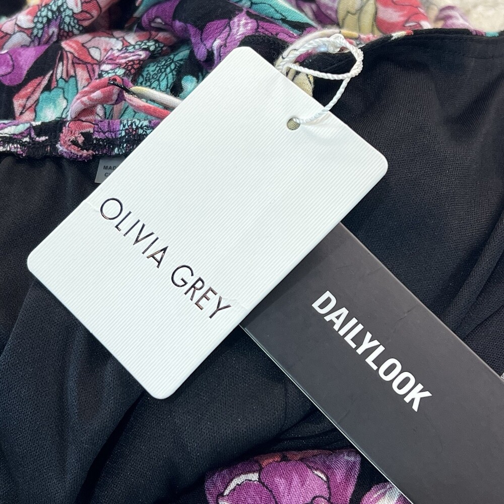 NWT Olivia Grey Floral Maxi Wrap Dress Small Black Pink Purple Ruffle Sleeveless - Picture 12 of 14